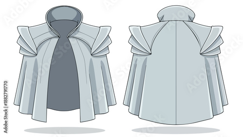 Detailed technical flat sketch depicting a futuristic fashion cape design with intricately layered shoulder details and a high-standing collar shown