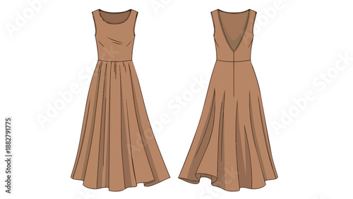 Elegant sleeveless midi dress flat sketch in brown, showcasing classic front and alluring deep V-back design.