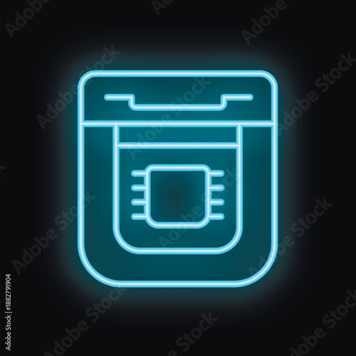 Blue neon cpu chip icon glowing on dark background representing computer processing power