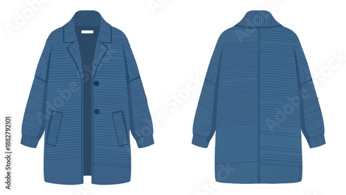 Stylish casual blue oversized overcoat presented front and back design flat illustration