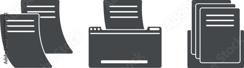 Office papers and printers, a box with valuable documents, sheets of paper, assets and finances, an accounting report, vector web icons, printing text on A4 paper