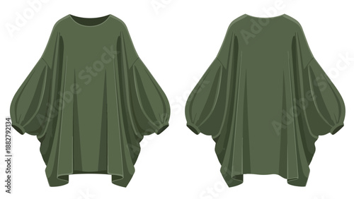Stylish loose-fitting olive green tunic with voluminous sleeves offering a relaxed comfortable silhouette perfect for casual wear. Front and back