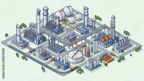 Industrial Chemical Plant Complex Aerial View Illustration.