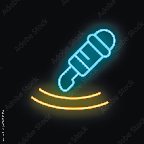 Blue and yellow neon icon of a metal detector detecting some metal underground on a black background