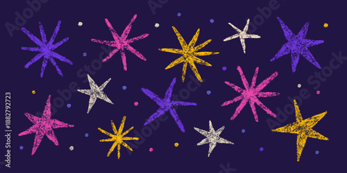 Crayon abstract stars drawing. Doodle chalk color star symbol set. Hand drawn childish pastel design element. Crayon texture shine. Pencil sketch twinkle icon. Vector illustration on dark background.