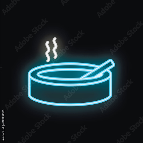Blue neon sign of a smoking ashtray with a cigarette on a black background