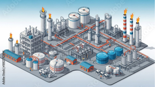 Industrial Oil Refinery Complex with Towers and Tanks.
