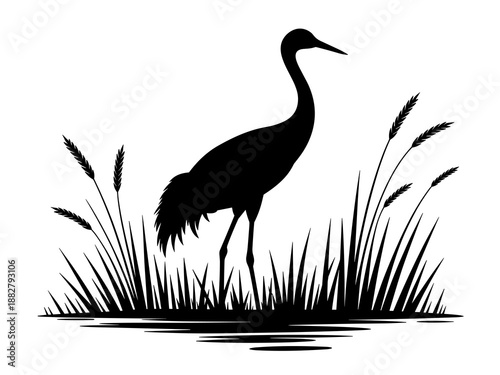 Elegant crane bird silhouette standing in tall grass reeds alongside calm water wildlife illustration for nature conservation environment ecology projects natural habitat design for presentations webs