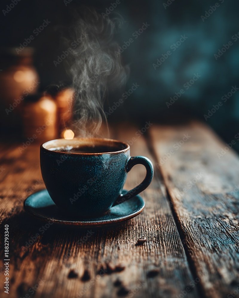 Fototapeta premium A cozy cup of black tea in a porcelain cup with steam rising on a rustic wooden table surface