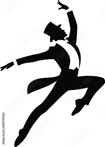 Elegant silhouette of male dancer in tuxedo and top hat leaping gracefully artistic performance energetic movement theatrical stage show entertainment concept stylish retro vintage aesthetic for dance