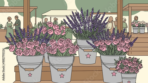 A Charming Floral Market Scene Featuring Bouquets of Lavender and Roses in Buckets