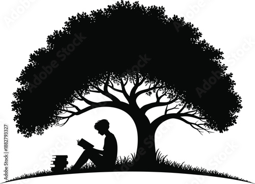 Silhouette of student reading book under large tree on grassy hilltop for education concept studying knowledge inspiration and learning in nature for school university library projects and creative de