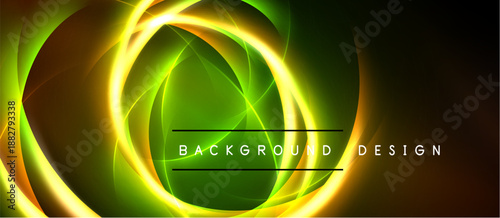 Abstract glowing circles overlap, creating vibrant green, yellow, orange hues. Dark background emphasizes luminosity, modern design element.