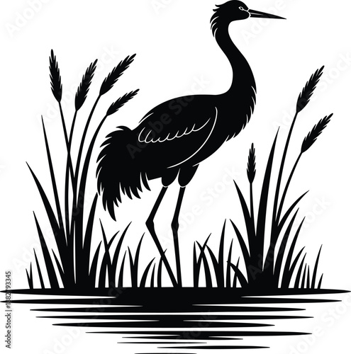 Elegant black heron silhouette standing in water reeds vector illustration wildlife animal bird design for nature conservation environmental awareness graphic resources wetland ecosystem projects and