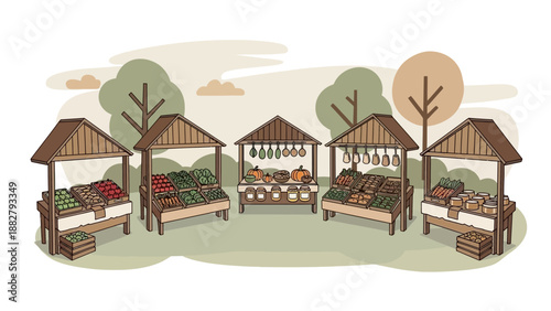 A Charming Illustration Of A Local Farmer's Market Stalls Filled With Fresh Produce