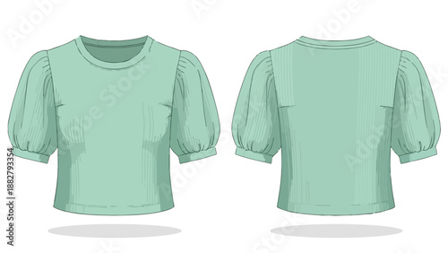This clean front and back technical sketch showcases a stylish women's light mint green puff sleeve blouse top, perfect for fashion design