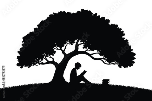 Silhouette of young person reading book under large tree on grassy hill with books education knowledge wisdom learning concept for school university students studying in nature black and white illustr