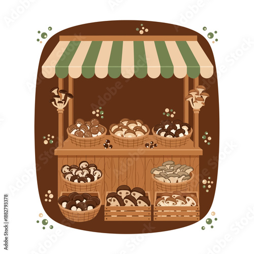 A Delightful Illustration of a Mushroom Market Stall, Showcasing Fresh Gourmet Varieties
