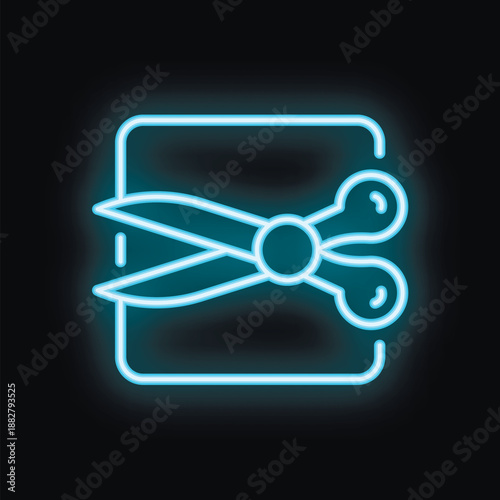 Glowing neon blue scissors are cutting a credit card, illustrating the concept of debt management