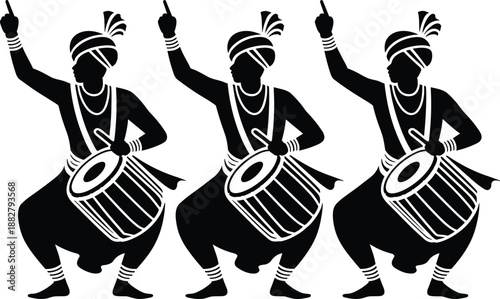 Vibrant Punjabi Bhangra Dancers Performing Traditional Dance with Dhol Drums in Black Silhouette Illustration Celebrating Culture and Heritage for Festive Celebrations Indian Wedding Invitation Card D