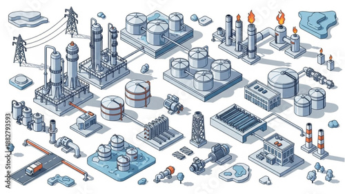 Industrial complex with various structures and infrastructure elements.