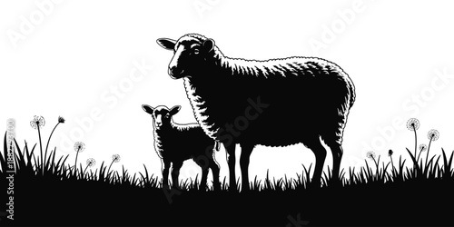 Elegant black and white silhouette of sheep and lamb grazing in grassy field with dandelions peaceful rural scene farm animals livestock illustration for nature conservation agricultural marketing and