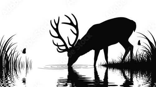 Majestic stag deer silhouette drinking water in tranquil lake with butterfly wildlife illustration for nature conservation environmental advocacy forestry management animal welfare educational resourc