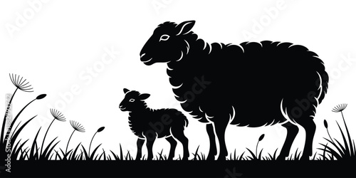 Elegant black sheep and lamb silhouette standing in grassy field monochrome illustration vector for farm animal graphic design projects rural landscape art nature conservation posters and eco-friendly
