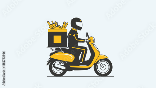 A Courier Delivering Grocery Items On A Motorbike With Minimalist Illustration