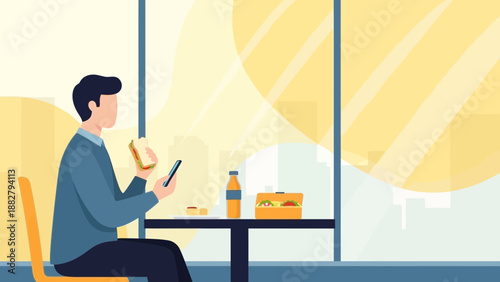 A Person Enjoying Lunch And Using Smartphone At The Office Near The Window
