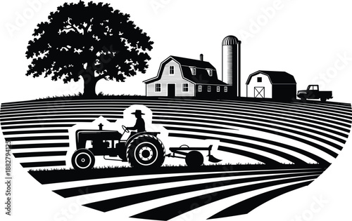 Monochrome vector illustration of farmer on tractor plowing field with farm buildings in background showcasing agriculture rural lifestyle country living farming industry graphic design element for pr