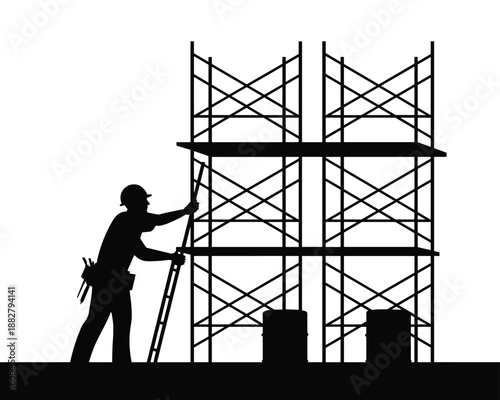Silhouette of construction worker climbing ladder on scaffolding at construction site industrial safety concept professional builder tradesman for construction engineering architecture projects buildi