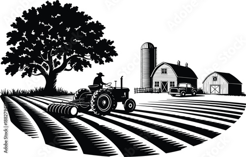 Monochrome vintage tractor plowing field in countryside farm landscape with barn silo pickup truck and large tree agricultural scene vector illustration for farming rural lifestyle or organic food pro