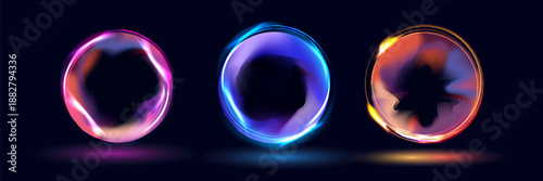 Set of glowing neon color circles round curve shape with wavy dynamic lines isolated on black background technology concept. Circular light frame border.