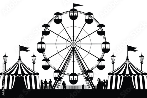 Monochrome Ferris Wheel Silhouette with Carnival Tents and People Enjoying the Amusement Park Ride and Festival Atmosphere Entertainment Vector Illustration for Posters Banners Graphic Design Summer F