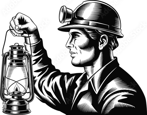 Detailed vintage coal miner holding lantern light wearing helmet in monochrome drawing style illustration for historical documentaries and energy industry presentations safety underground exploration