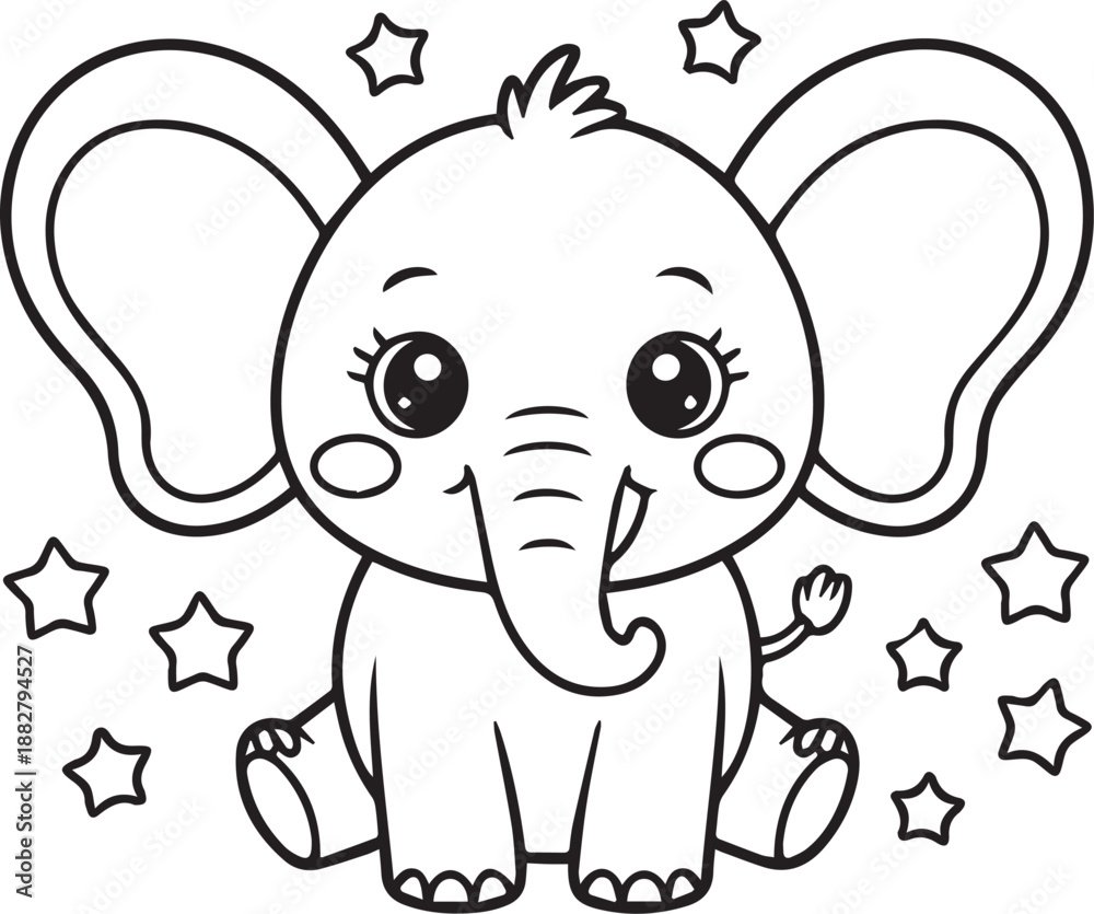 Obraz premium A cute black and white illustration of a baby elephant with big ears and eyes surrounded by stars