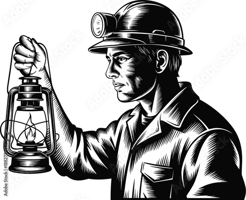 Intense coal miner holding vintage lantern light wearing hard hat with headlamp in dark underground mine shaft risk engineering illustration for industrial safety construction worker documentary film