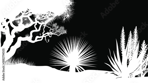 Striking black and white silhouette of desert plants and trees creating a dramatic landscape artistic botanical illustration for nature themed designs environmental conservation projects and minimalis