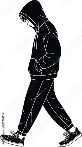 Silhouette of hooded man walking in black and white vector illustration youthful urban lifestyle concept stylish casual streetwear fashion for graphic design projects social media posts and modern art