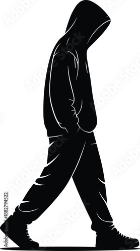 Silhouette of hooded figure walking alone in darkness mystery concept vector illustration for anonymous character representation urban crime prevention or security awareness campaign with modern minim
