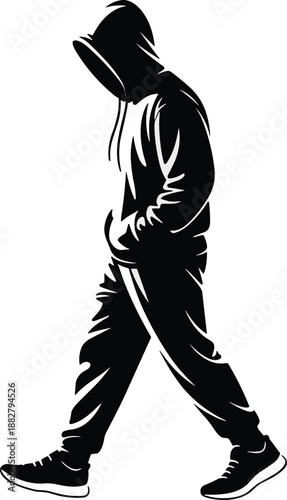 Silhouette of hooded person walking in black and white vector illustration for anonymous figure character design social issues mysterious identity crime prevention security awareness concept trendy gr
