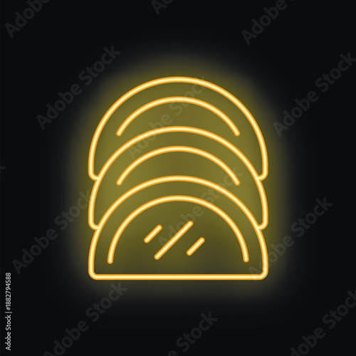 Neon food sign of three empanadas glowing yellow on a black background