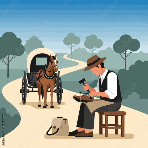 Cobbler repairs shoe by roadside with horse-drawn carriage in background