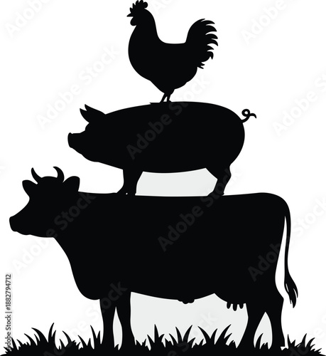 Farm Animal Silhouette Stack featuring Cow Pig and Chicken Standing Together in Rural Pasture Land livestock and poultry farming concept for organic agriculture and sustainable food production graphic