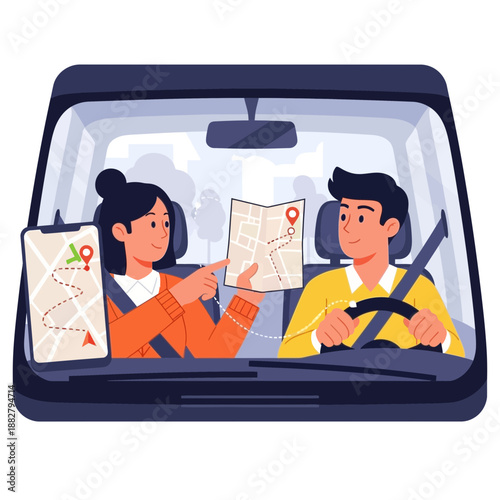 Couple navigating with map and phone in car