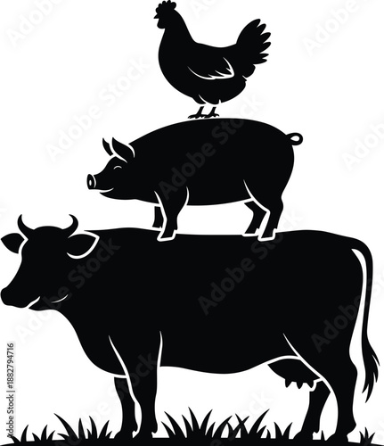 Farm animals stacked in graphic black silhouette of cow pig and chicken standing tall animal husbandry livestock farming illustration for agriculture business branding veterinary design farm market pr