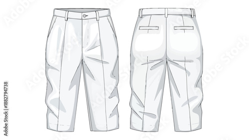 Detailed technical illustration of contemporary cropped trousers showcasing front pleats and rear flap pockets for versatile fashion design and