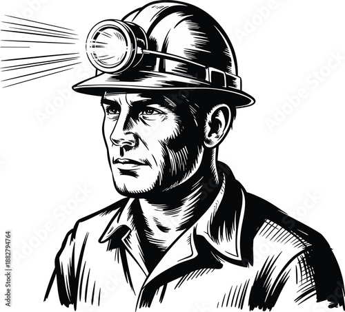 Detailed monochrome graphic illustration of a coal miner wearing hardhat with headlamp looking determined and brave in a vintage style for history books safety campaigns and educational resource mater