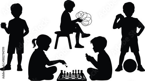 Silhouette of children playing games together creative illustration diverse group having fun playing chess holding toy slinky soccer ball and phone modern minimalist design for childhood education and